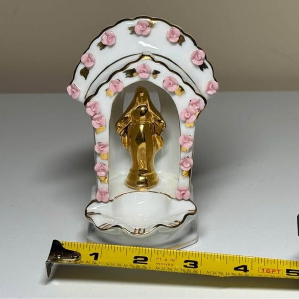Vintage LeftonPorcelain Virgin Mary Holy Water Font with Pink Roses